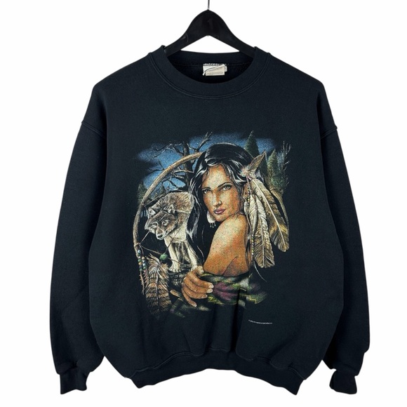 Vintage 90s Native American Girl Heritage Artistic Graphic Sweatshirt Size M
